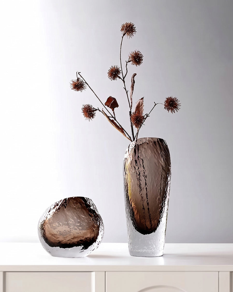 Vasen-Set „Aurea" (2-teilig) – Rauchglas mit Hammerschlag-Textur